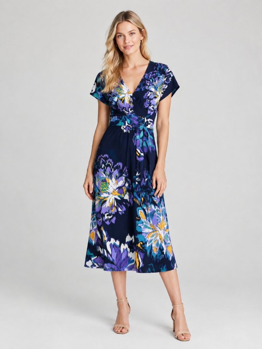 2/$30 TAHARI Watercolor Floral Print Faux Wrap Obi Dress Black Multi 1X #A4844